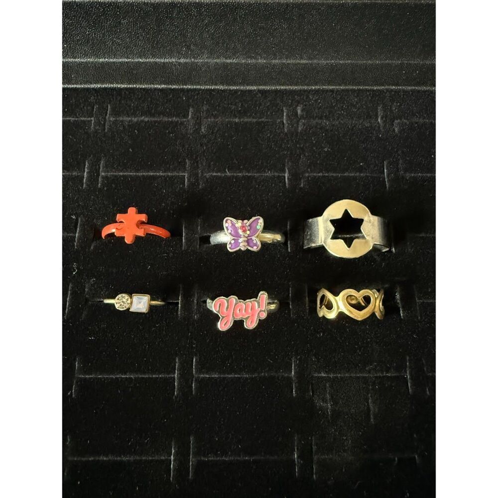 Ring lot of 6 puzzle piece, butterfly, star, bling, yay! and hearts